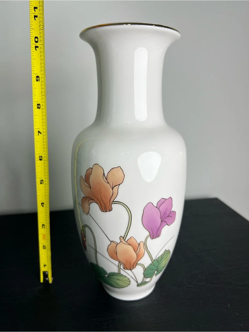 Vintage Japanese Porcelain White Vase with Peach & Purple Cylcamen Floral Design
